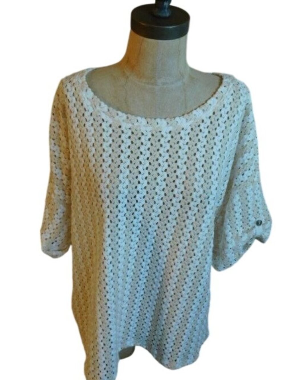 Chico's Size L Large (2) Woven Short Sleeve Crochet Style Top NWT